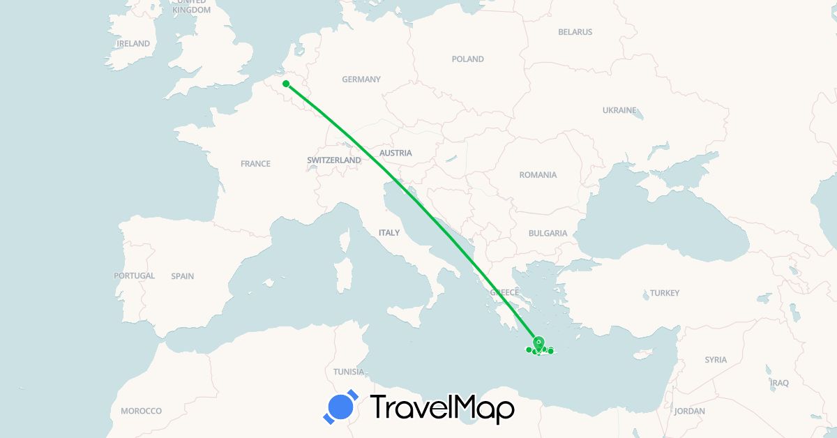TravelMap itinerary: bus, plane in Belgium, Greece (Europe)